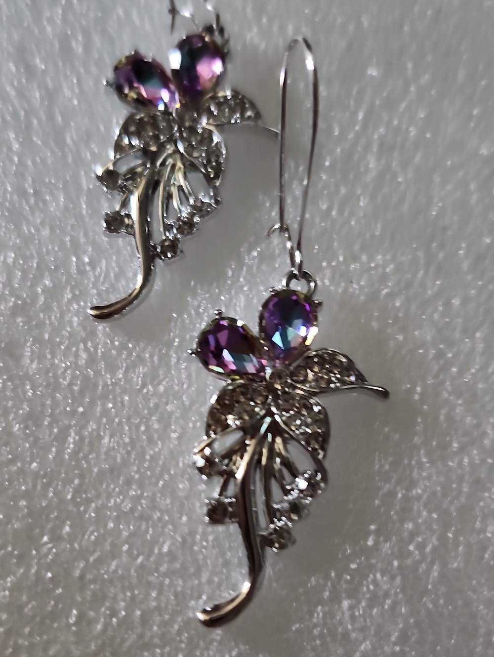 Hand Crafted Silver Floral Drop Earrings with Purple Crystal Accents